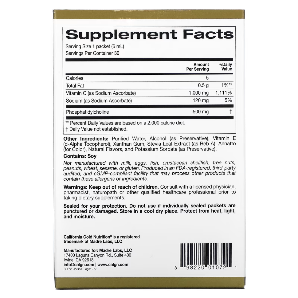 California GOLD Nutrition Liposomal Vitamin C 1000 mg 30 pak