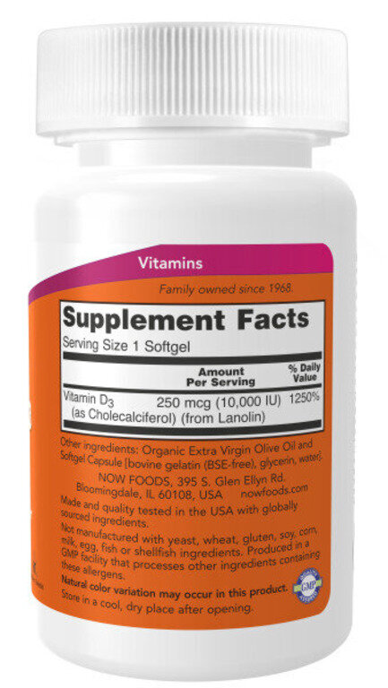 NOW Vitamin D3 10 000 IU 120 softgel / Нау Витамин Д3 10 000 МЕ 120 софтгель